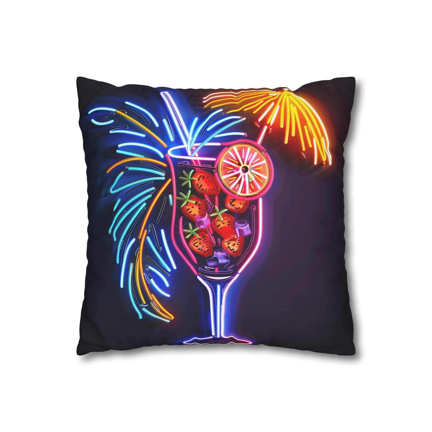 "Neon Cocktail Nights Pillowcase - Vibrant tropical drink neon sign design, high-quality material, perfect for all seasons. Shop now!"