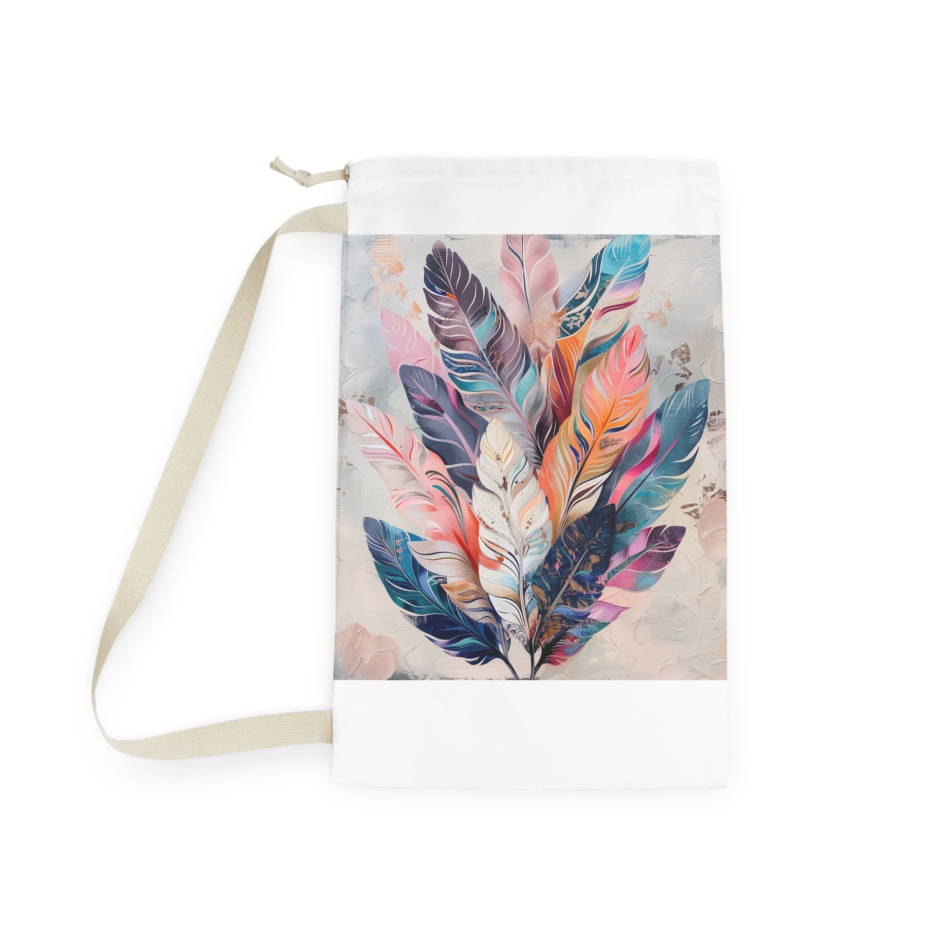 "Boho feather laundry bag with whimsical design, adds charm to laundry room decor"