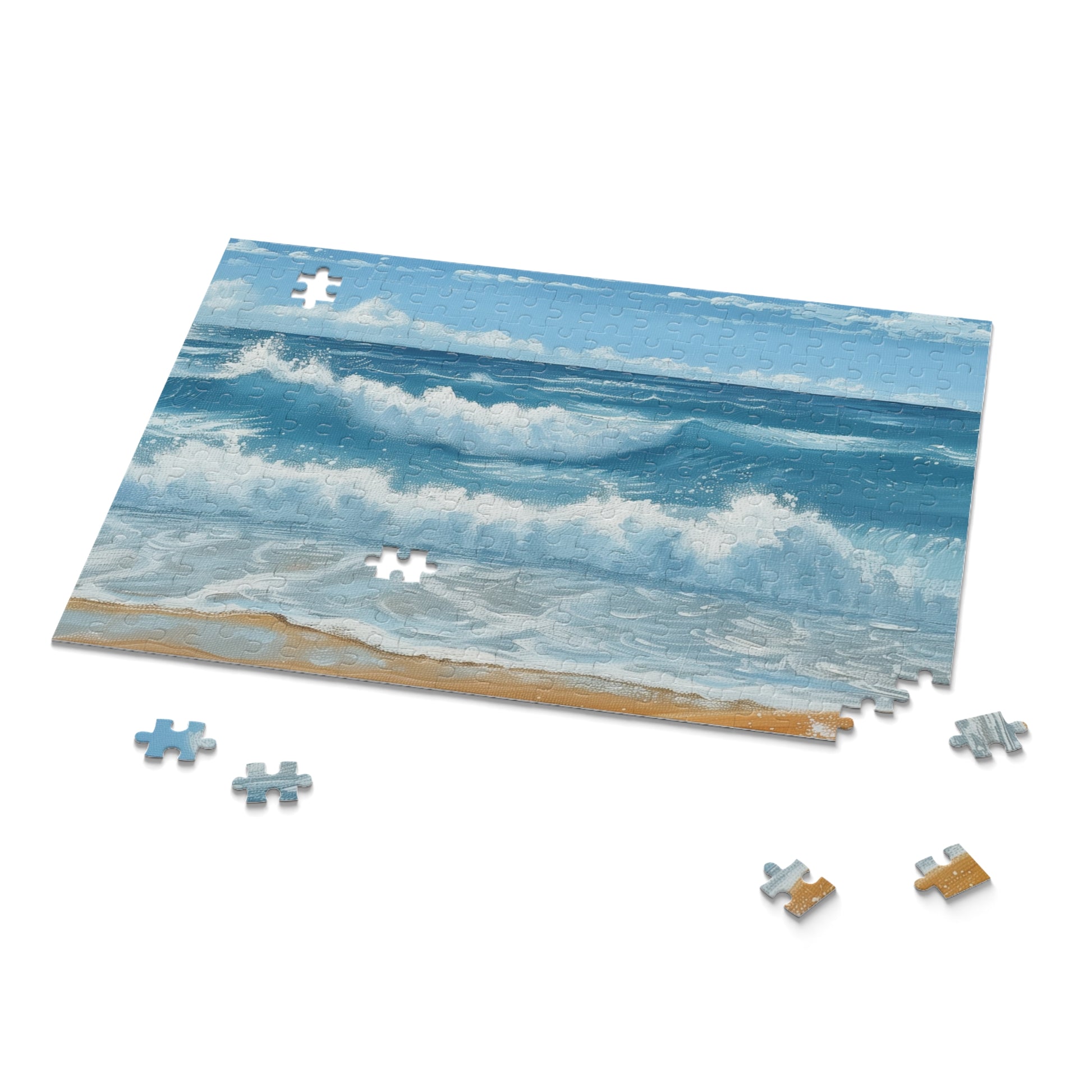 Tropical beach scene jigsaw puzzle with serene wave crashing against colorful surfboard, perfect for relaxing fun.