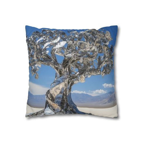 Mechanical Tree in Metallic Desert — 40×40 Cushion Cover — Double-Sided Back & Concealed Zip Detail