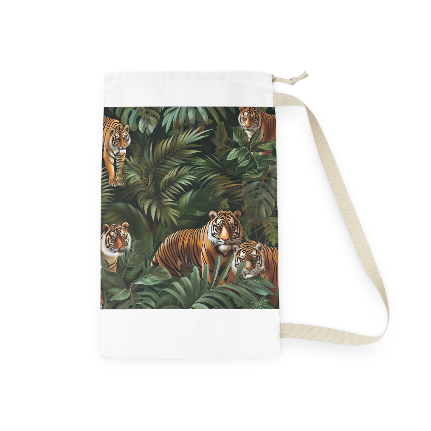 "Jungle Safari Tiger Laundry Bag - Seamless jungle pattern with majestic tigers, add adventure to laundry routine"