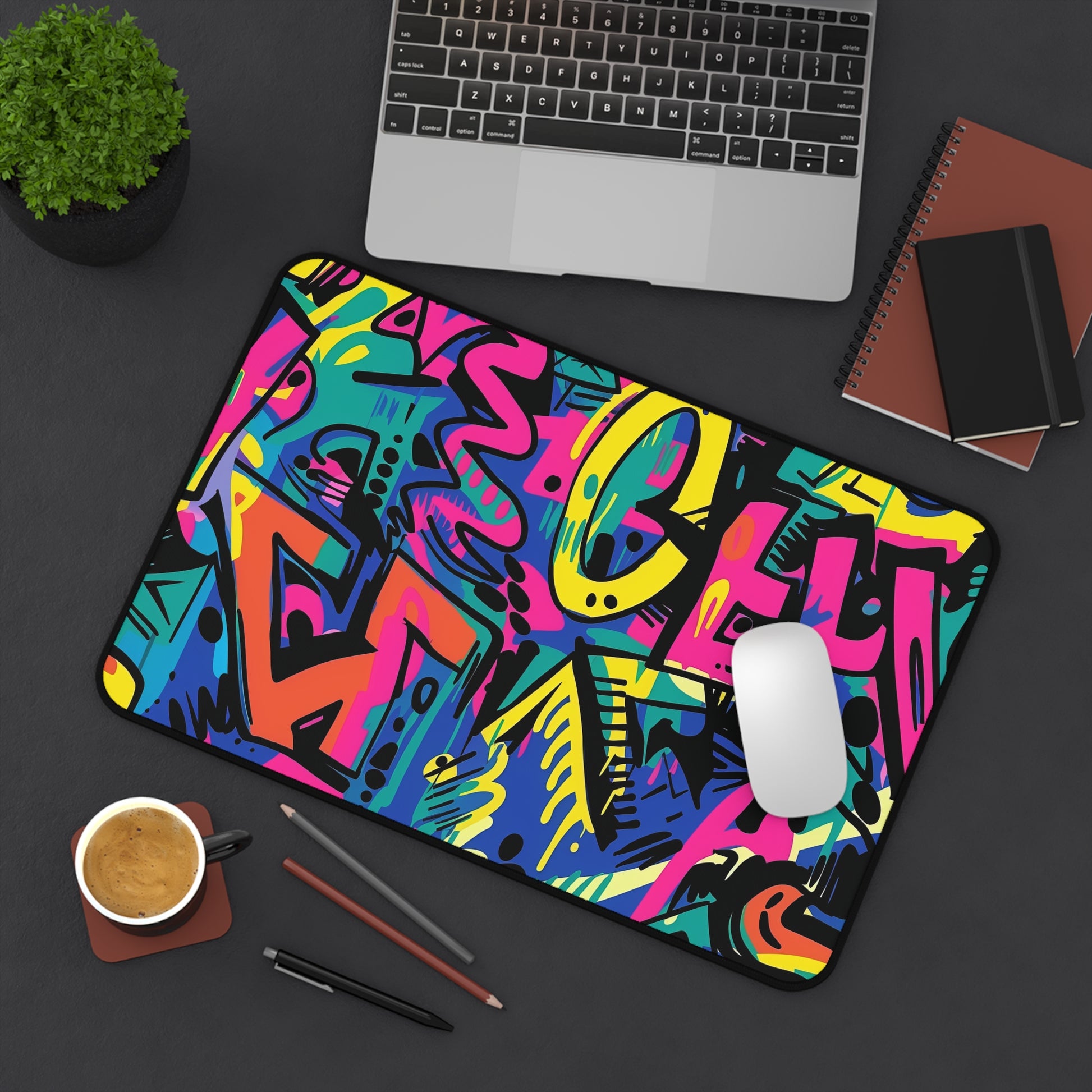 Neon Urban Graffiti Desk Mat - Stylish and colorful workspace accessory with seamless pattern.