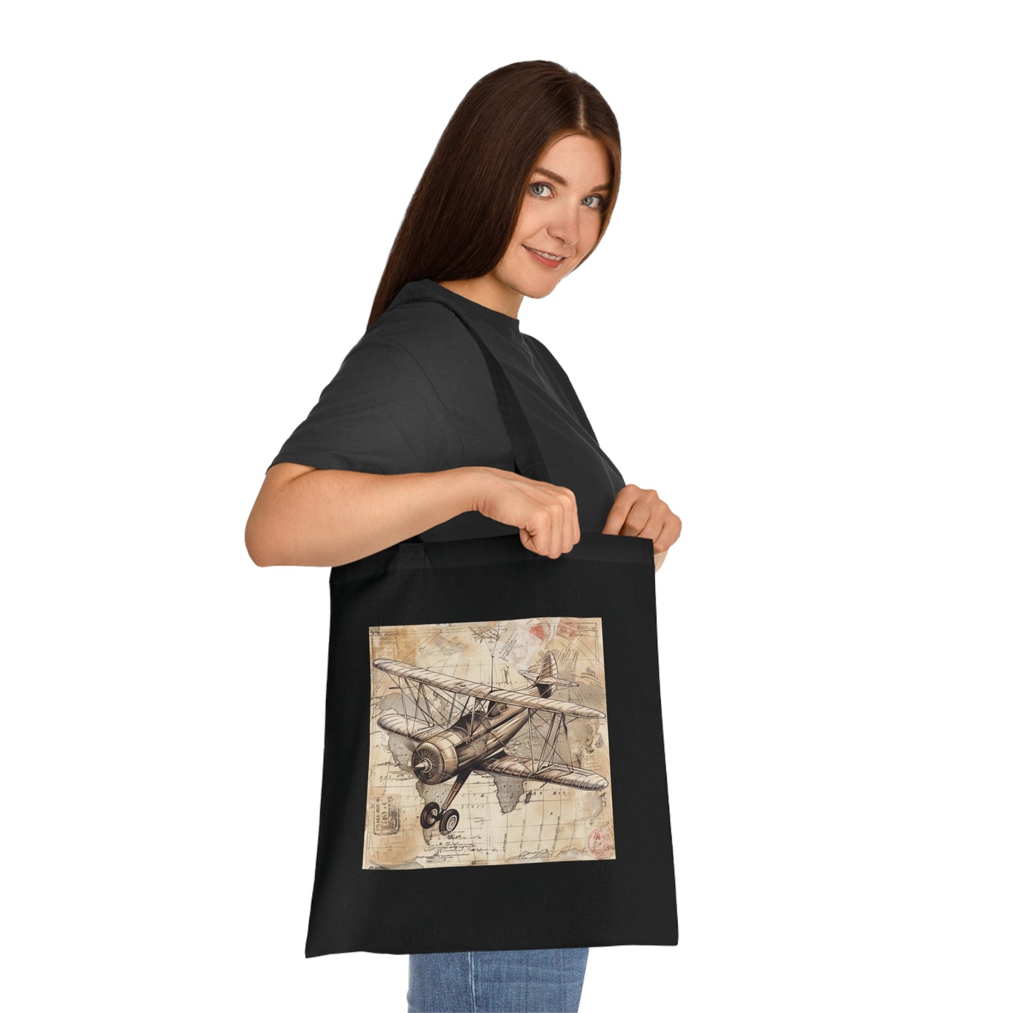 Alt text: Adventure Awaits Tote Bag - Vintage airplane design with colorful travel stamps, perfect for carrying essentials on all journeys. Made from high-quality material, comfortable, stylish, and suitable for all seasons. Great gift idea. From BenCPrints.