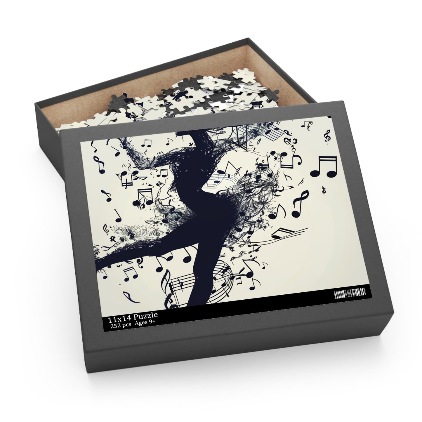 "Graceful dancer surrounded by musical notes in a stunning jigsaw puzzle"