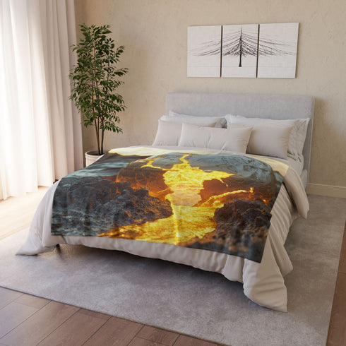 Crumbling Planet Leaking Golden Lava — Plush Fleece Throw Blanket — Product Detail View 9