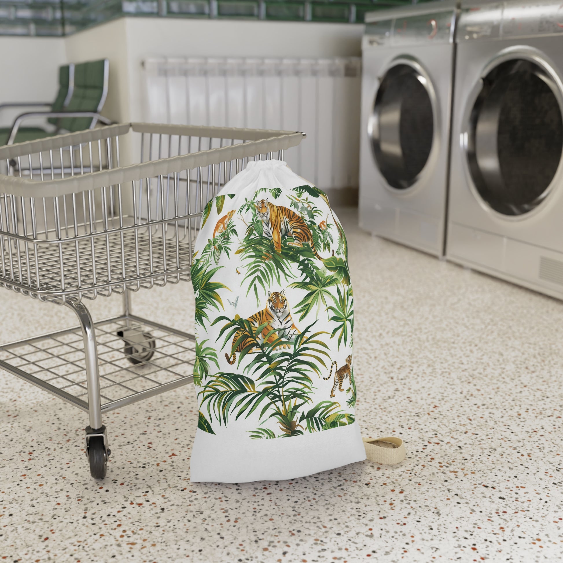 "Jungle Safari Tiger Print Laundry Bag - Ideal for wildlife lovers with a seamless pattern of majestic tigers in lush foliage"