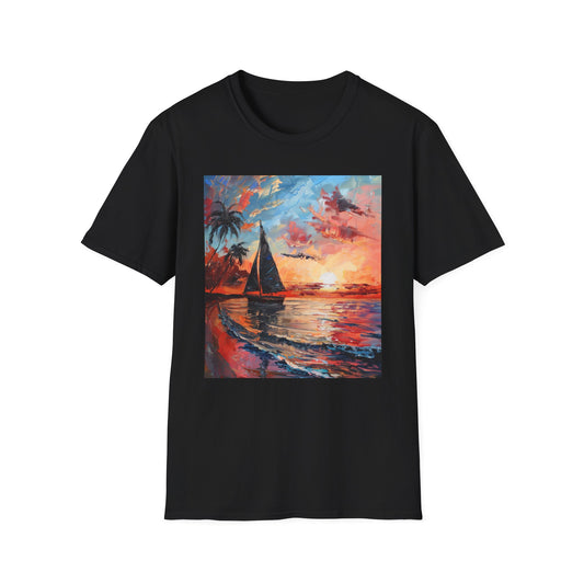 Golden Tapestry: The Enchanting Allure of Boracay's Sunset | T-Shirt | Beach scene, Boracay sunset, Calming artwork, Coastal art, Coastal landscape, Island scenery, Seaside painting, Sunset hues, Tropical paradise, Vibrant colors | Prints with Passion