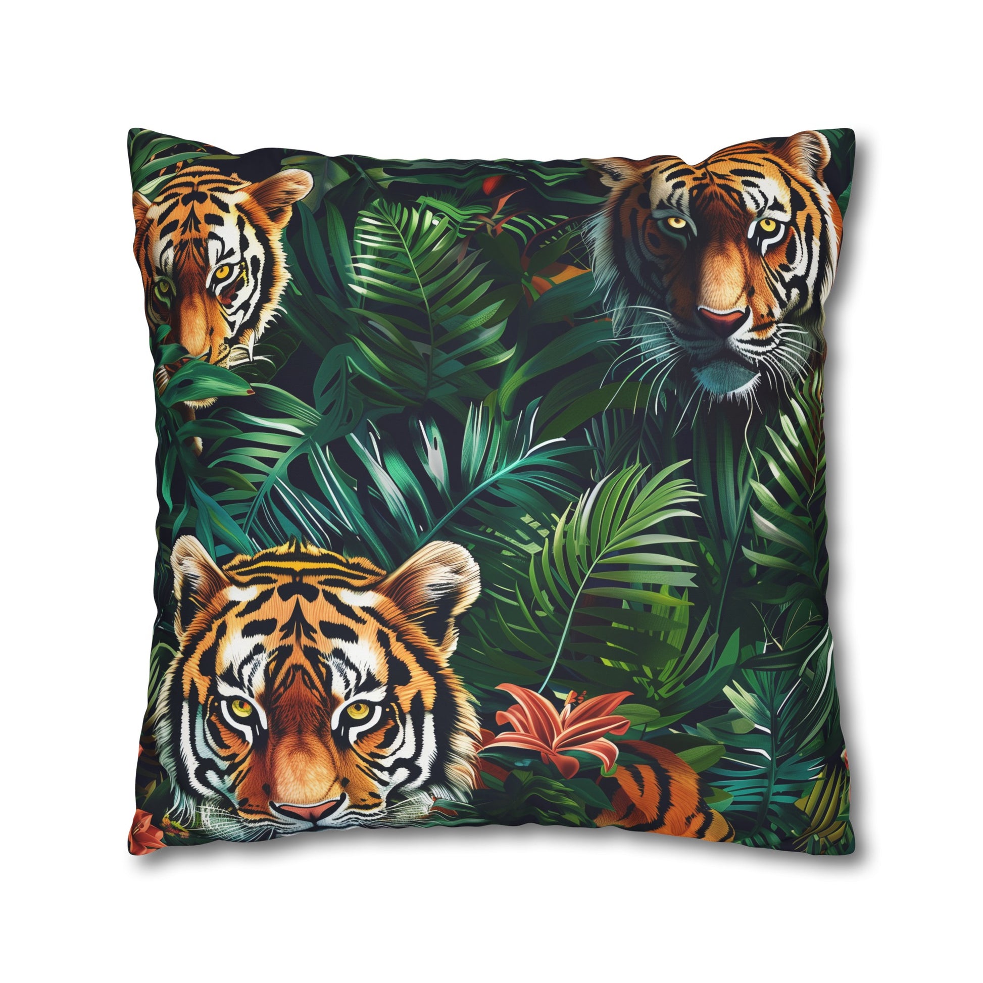 "Transform your bedroom with Tiger Safari Pillow Case: Jungle pattern with majestic tigers in lush green foliage"