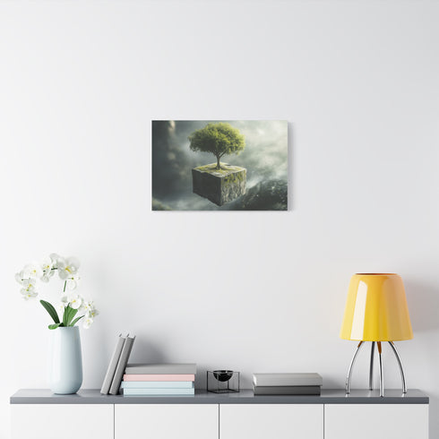 Tree Growing from a Floating Cube — Canvas Wall Art — Kiln-Dried Pine Frame & Ready-to-Hang Back View