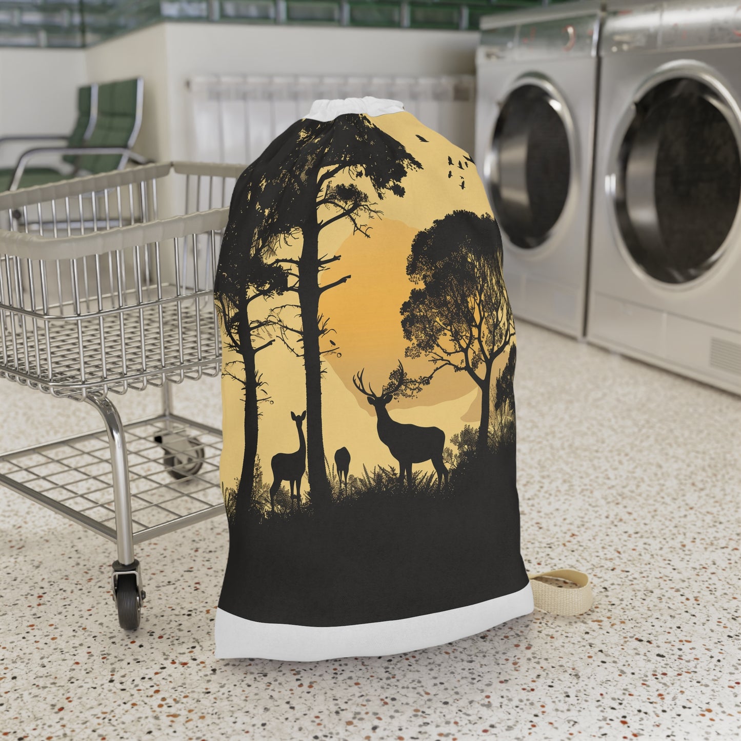 "Wildlife deer laundry bag with elegant silhouette design, perfect for nature-inspired décor"