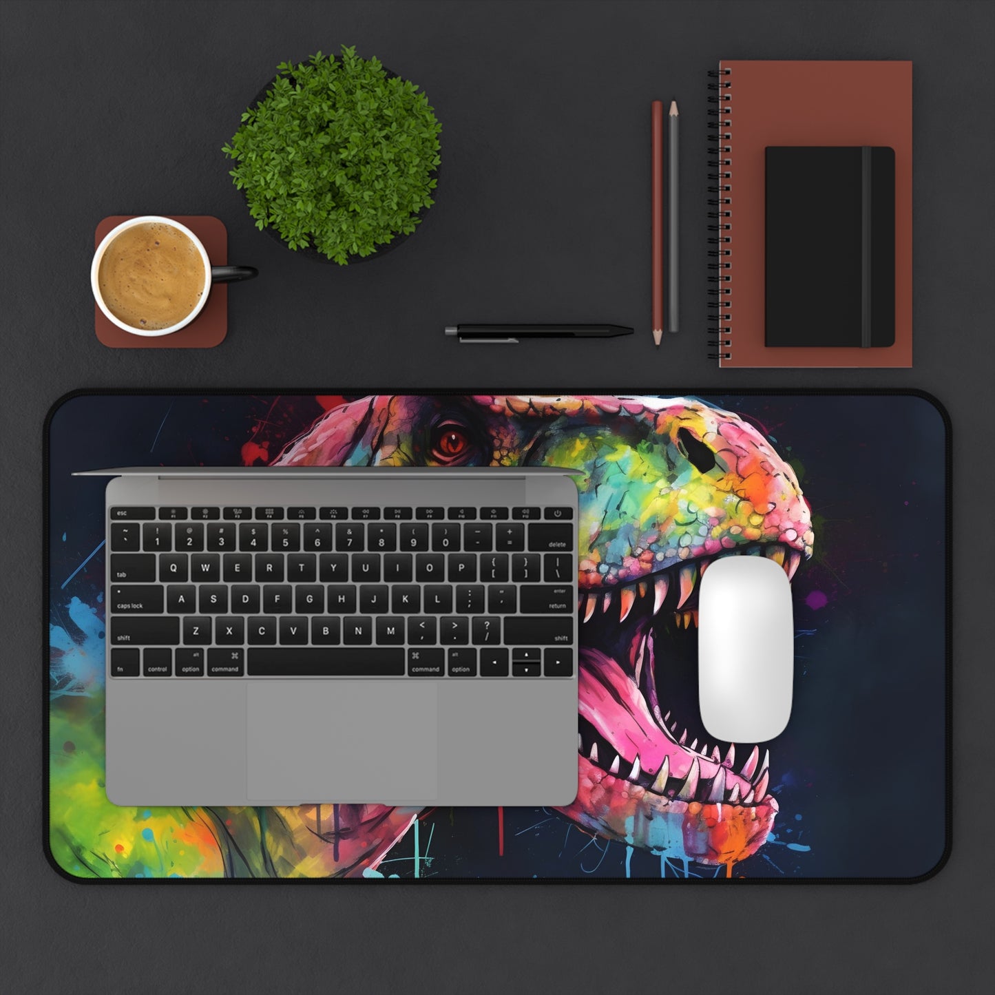 Brighten up your workspace with our Trex Neon Glow Desk Mat - vibrant watercolor design to protect your desk in style.