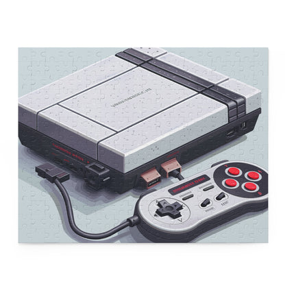 "Retro gaming console jigsaw puzzle with vibrant pixel art design"