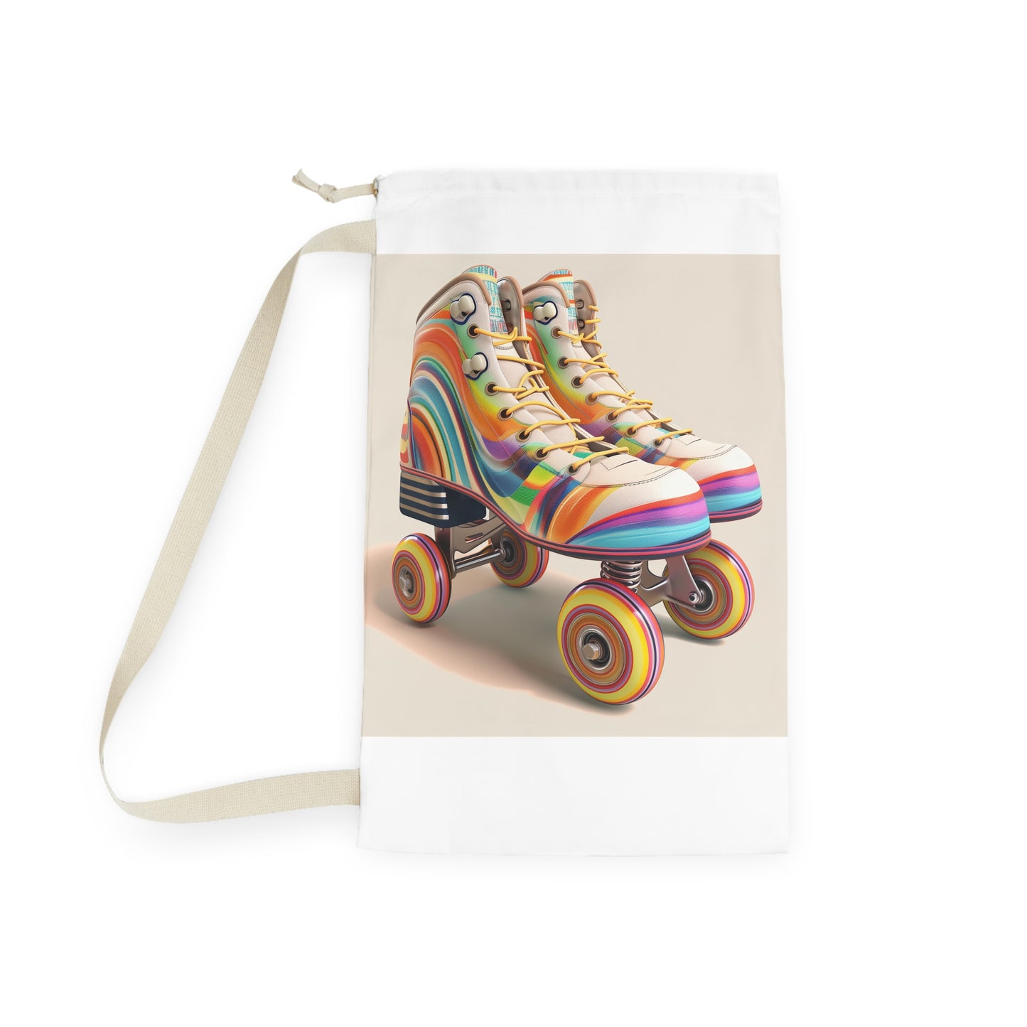 "Retro roller skate-themed laundry bag with colorful stripes, add style to your laundry routine"