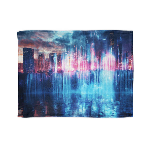 Digital Waterfall Cascading Across Skyline — Plush Fleece Throw Blanket — Full Flat Artwork View