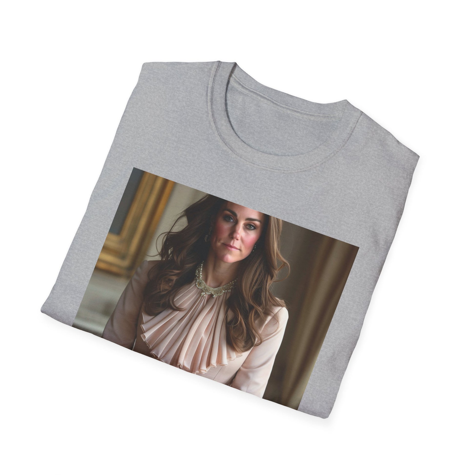 "Royal Tapestry T-shirt inspired by Kate Middleton's timeless elegance and enduring legacy, featuring soft brushstrokes and sophisticated color palette. Perfect for embodying inner strength and grace. Shop now and embrace a life of purpose and timeless elegance."