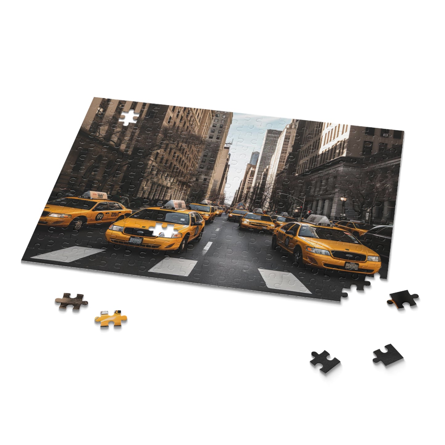 "Vibrant NYC Cab Chaos jigsaw puzzle with iconic yellow cabs in bustling city scene"