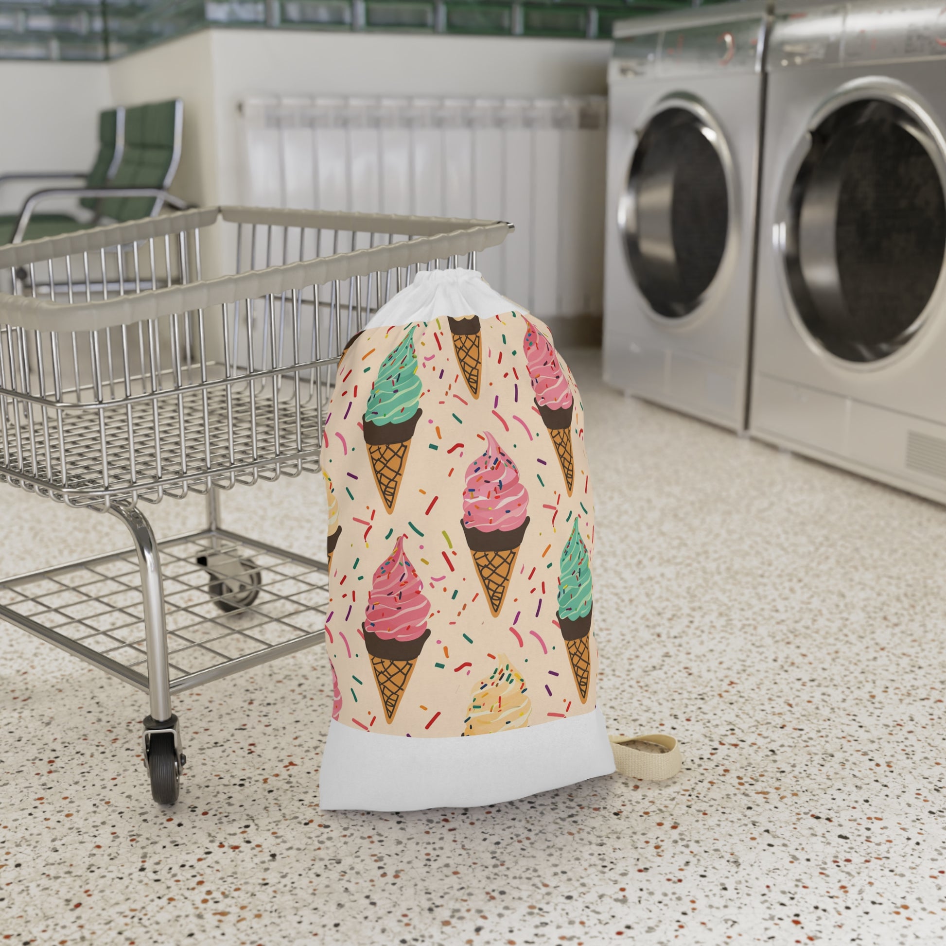 "Sprinkle Cone Laundry Bag - Vibrant ice cream cone pattern for whimsical laundry organization"