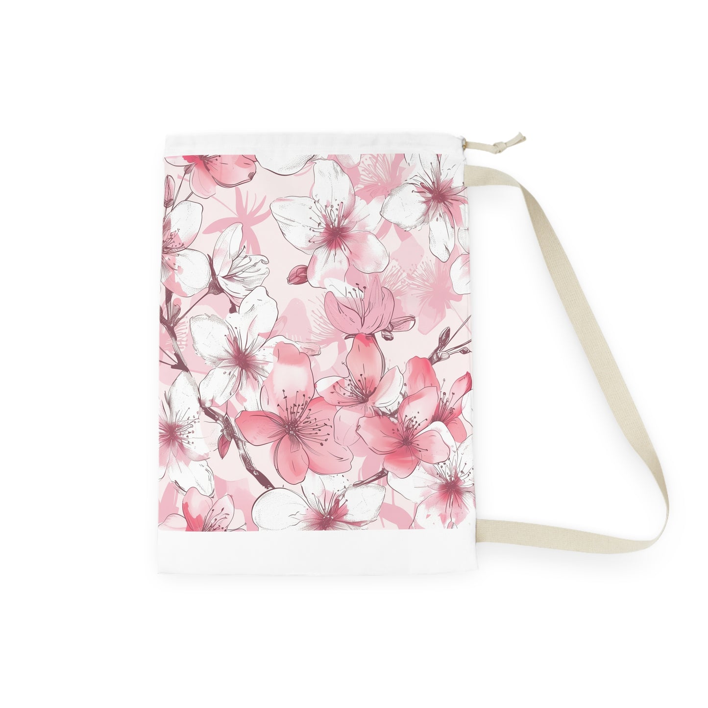 "Cherry Blossom Laundry Bag - Pink and white floral pattern for organized laundry routine"