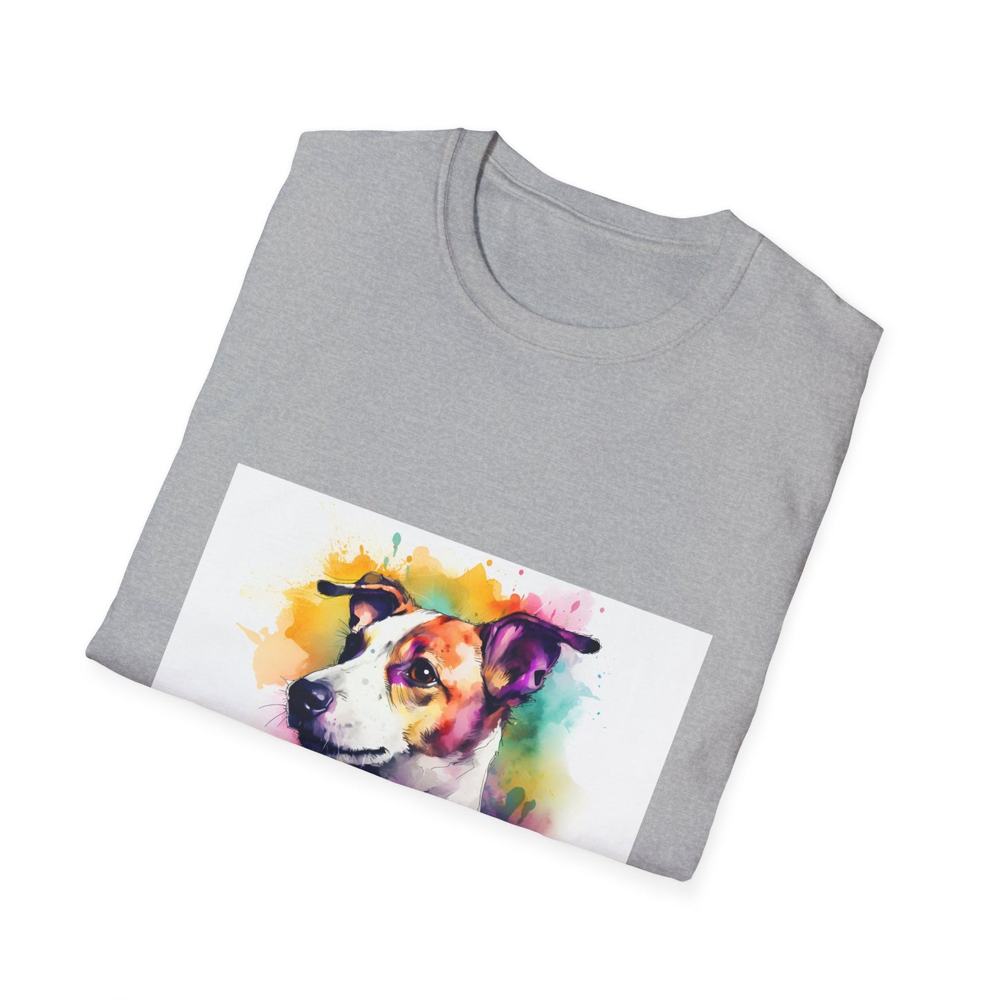 "Adventure Buddy: The Jack Russell's Unstoppable Spirit Cute Jack Russell 3 T-shirt, vibrant tee capturing the dog's boundless energy and love for exploration with bold brushstrokes and playful colors."