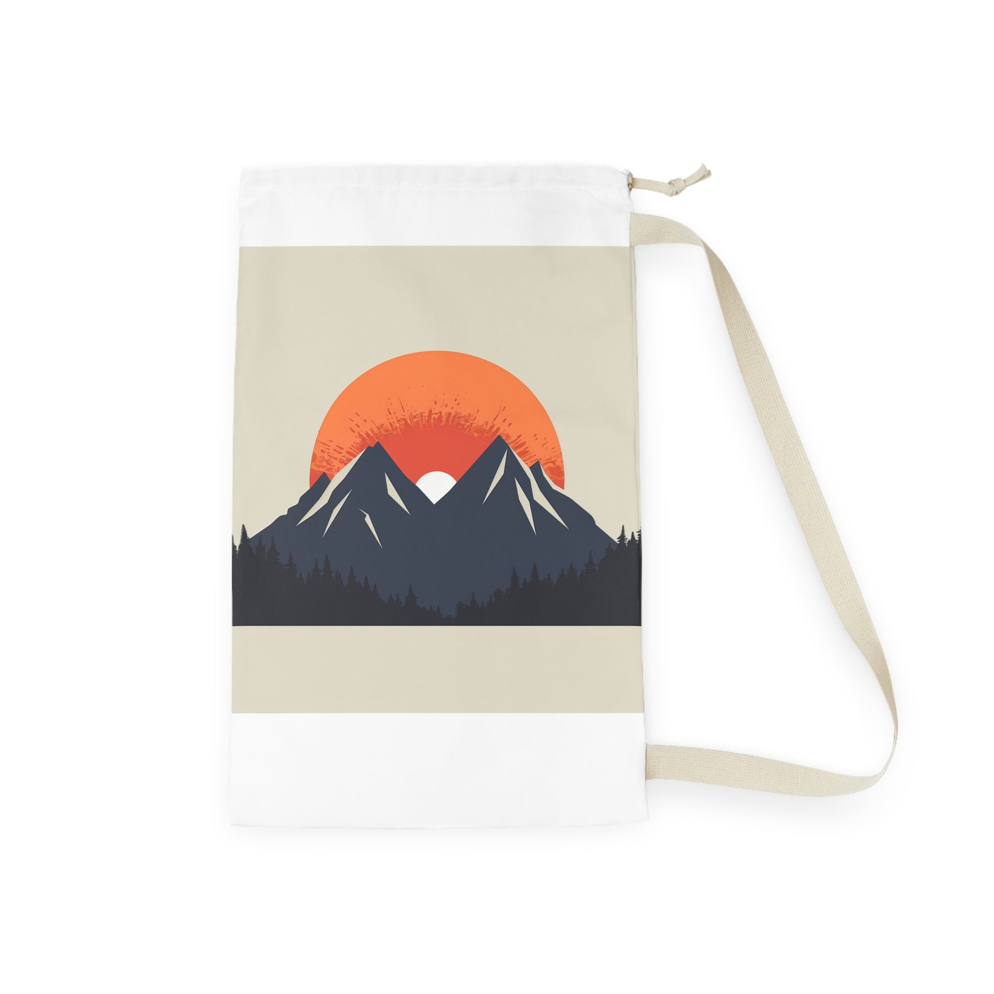 "Sunrise Mountain Laundry Bag: Minimalist design with rising sun over peaks, organize in style"