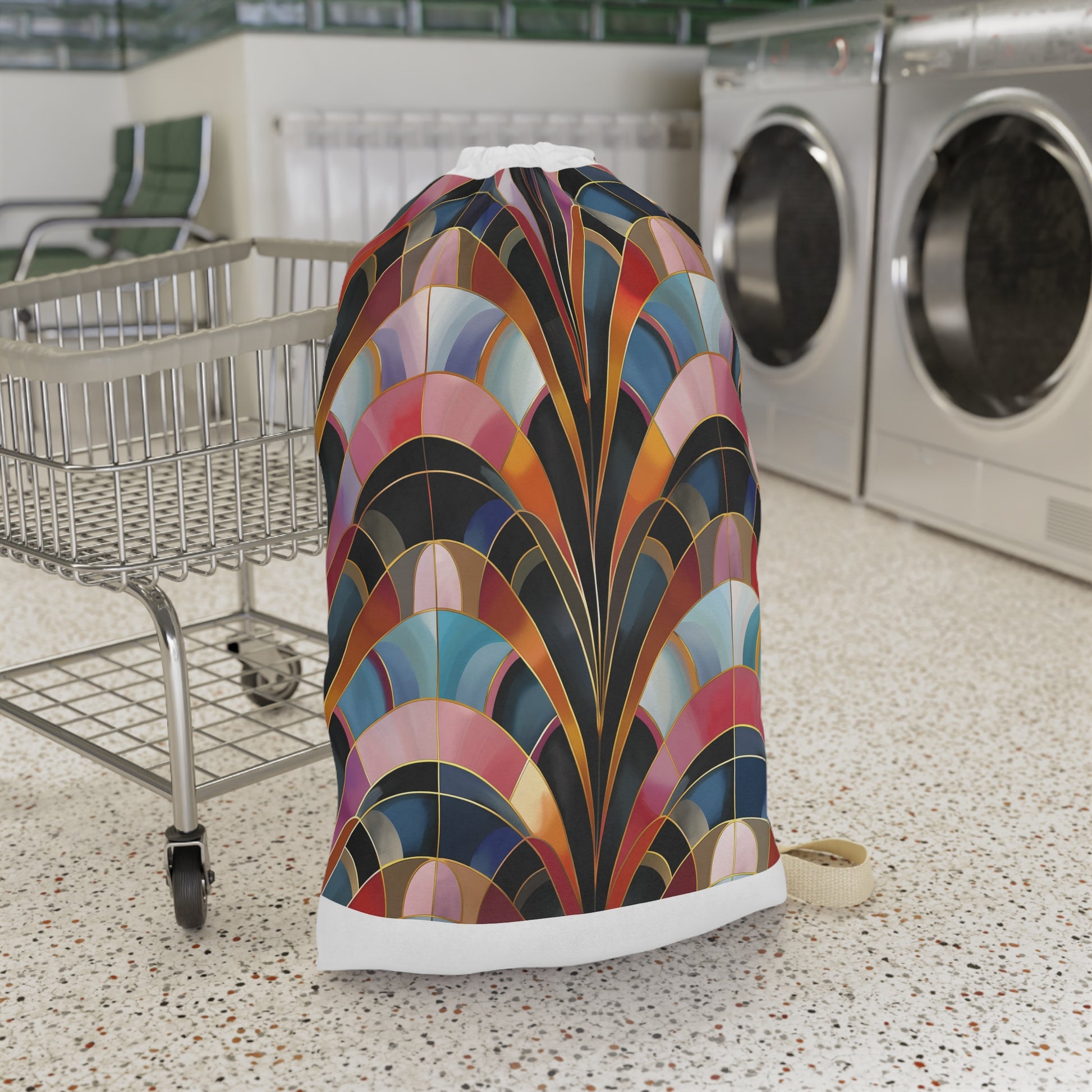 "Art Deco Laundry Bag Collection - Bright abstract patterns, durable material, drawstring closure for easy transport"