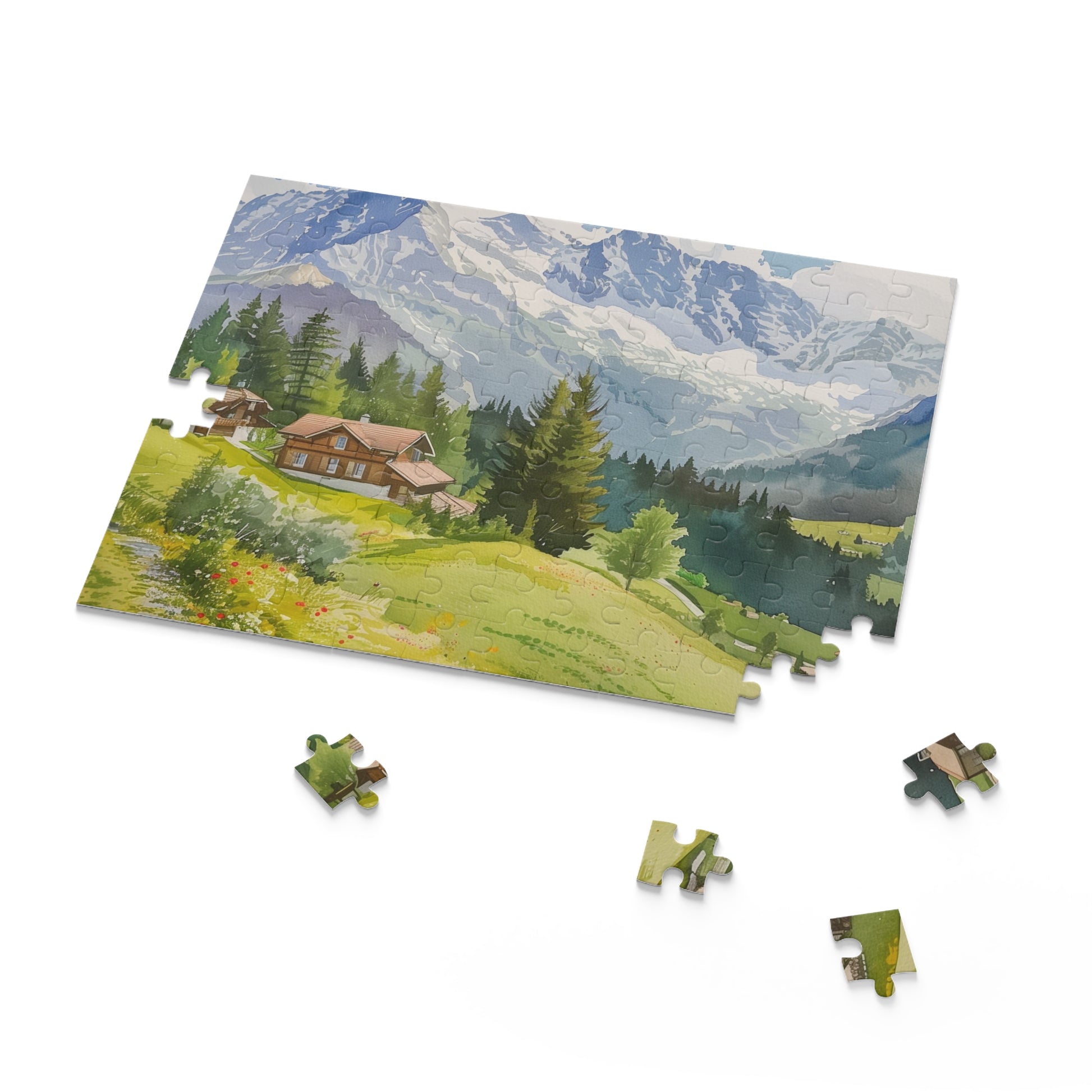 "Swiss Alps watercolor puzzle featuring vibrant hues and intricate details"