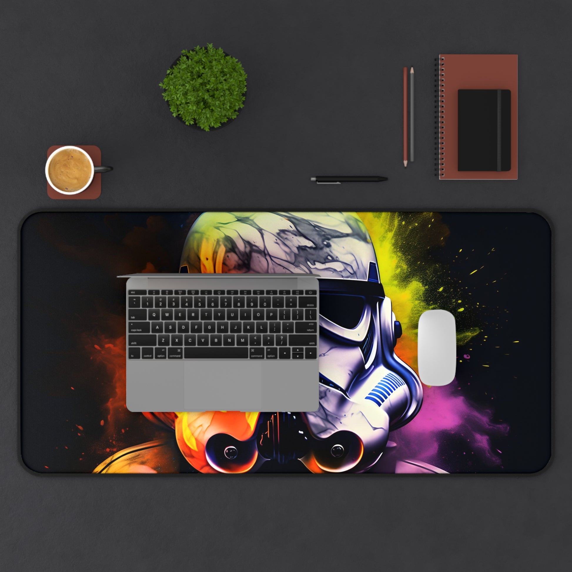 Neon Storm Trooper Desk Mat: Vibrant watercolor design for Star Wars fans & sci-fi enthusiasts.