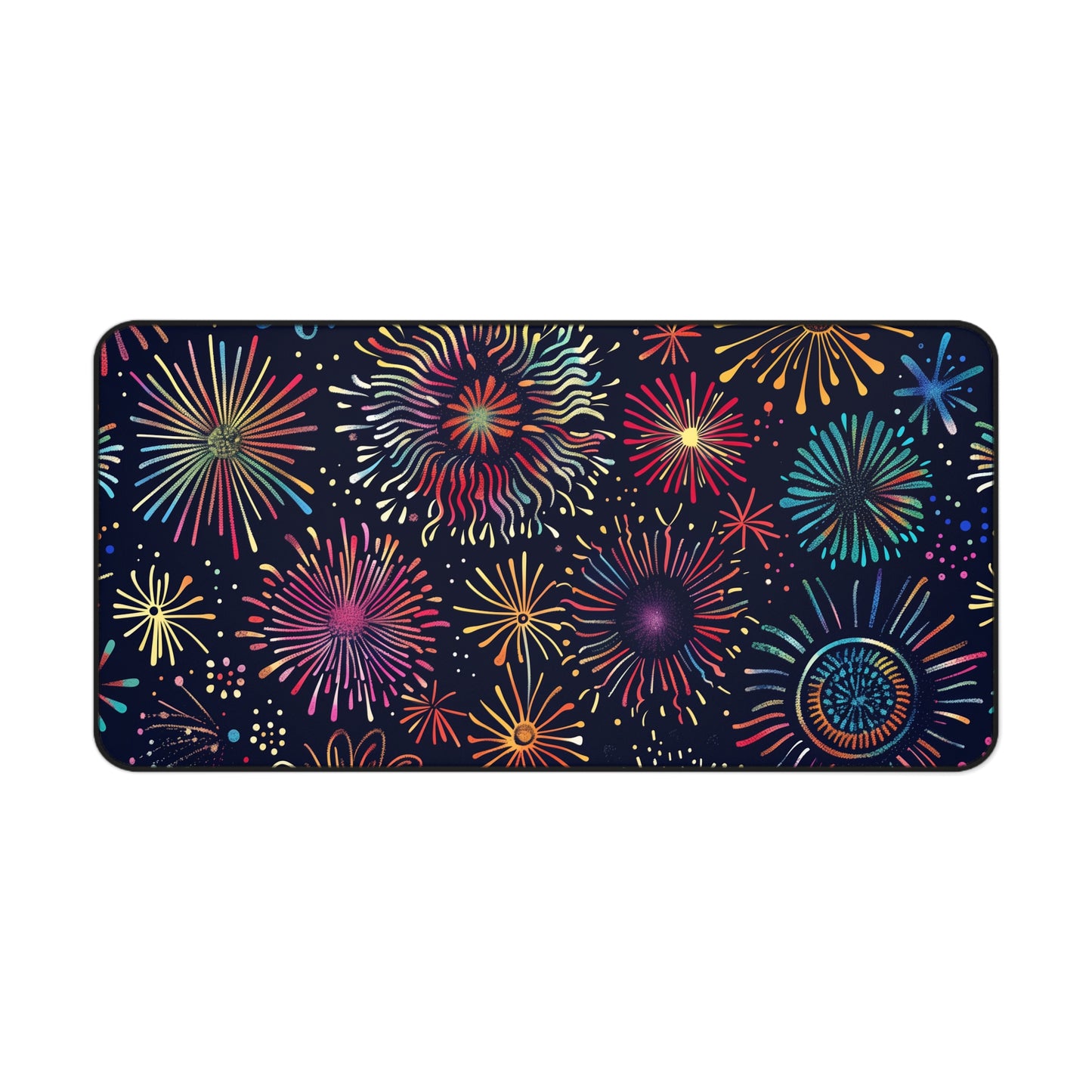 "Colorful Fireworks Festive Desk Mat - Add flair to workspace with vibrant seamless pattern, brightens up day"