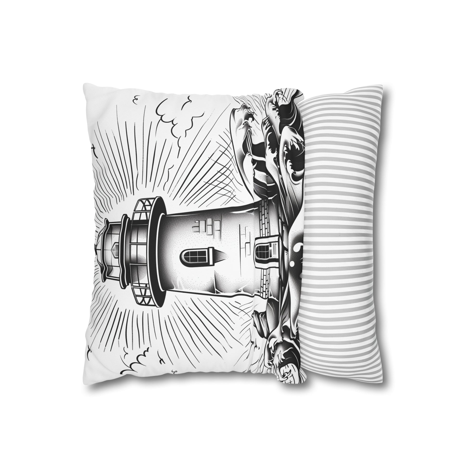 "Ocean Dreams Pillowcase - Hand-drawn lighthouse design, perfect for all seasons. High-quality and stylish. Great gift idea!"