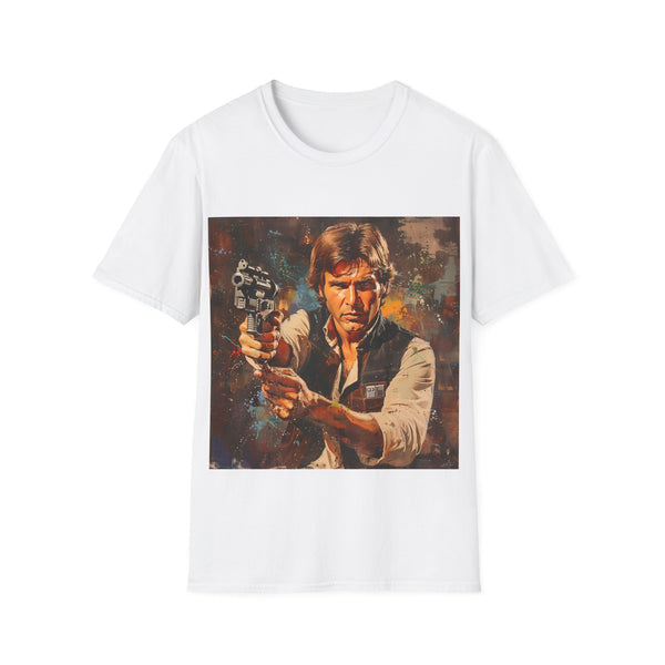 Galactic Smuggler Retro Graphic Unisex Softstyle T-Shirt in Red front view