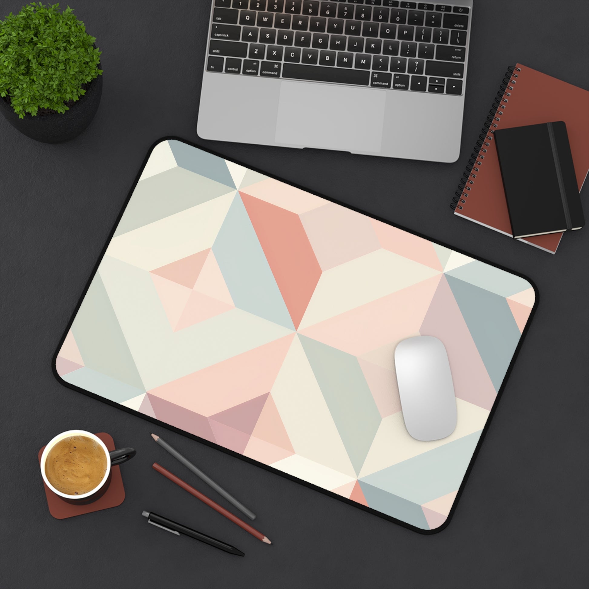 "Pastel Geometrics Desk Mat: Elevate workspace with soft color pattern for creativity and productivity"