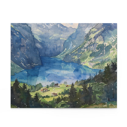 "Swiss Alps watercolor jigsaw puzzle - tranquil landscape with majestic mountains, perfect for relaxation at home"