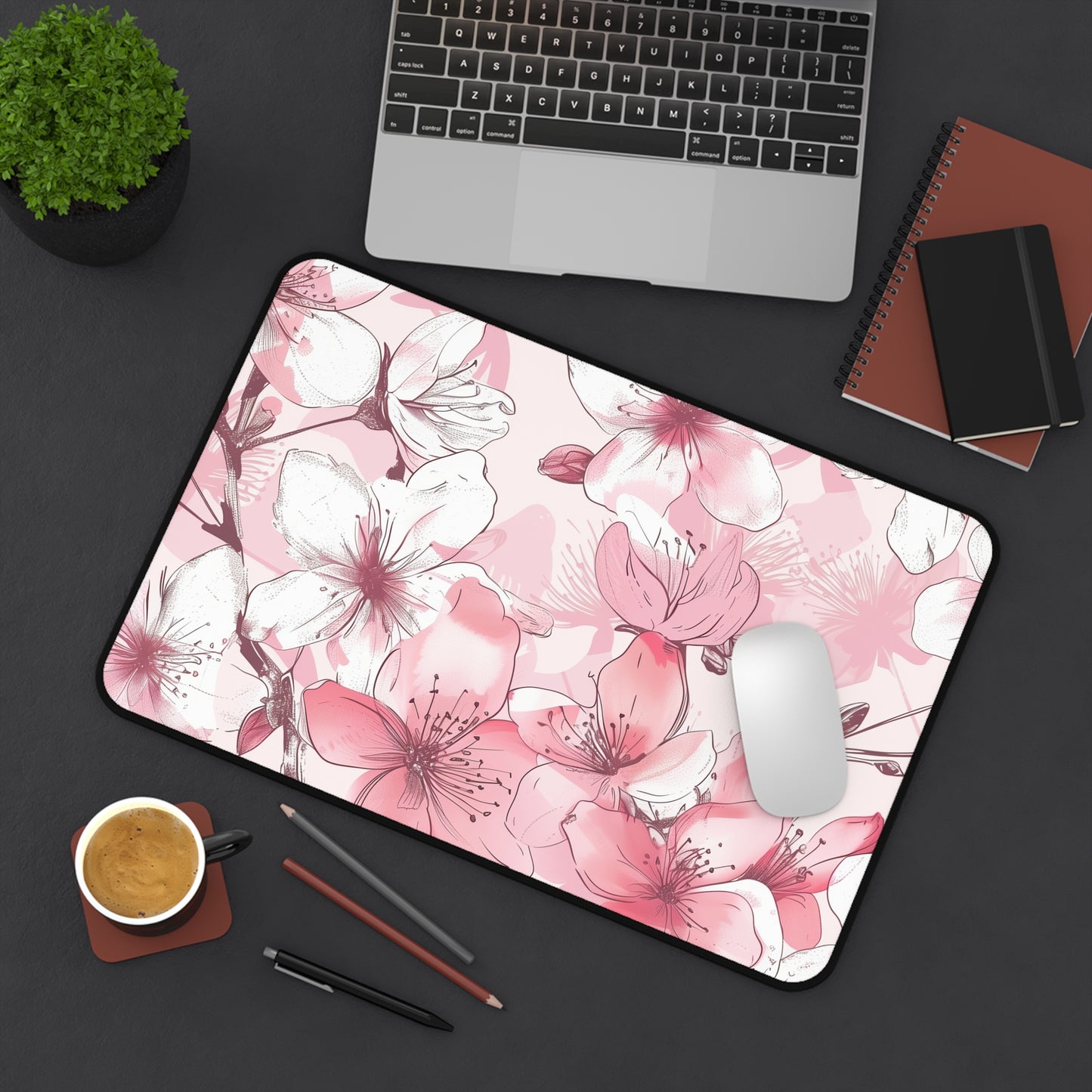 "Stylish Cherry Blossom Desk Mat - Soft pink and white seamless pattern, add elegance to your workspace"