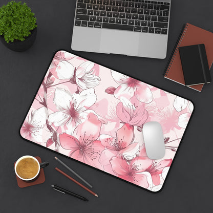 "Stylish Cherry Blossom Desk Mat - Soft pink and white seamless pattern, add elegance to your workspace"