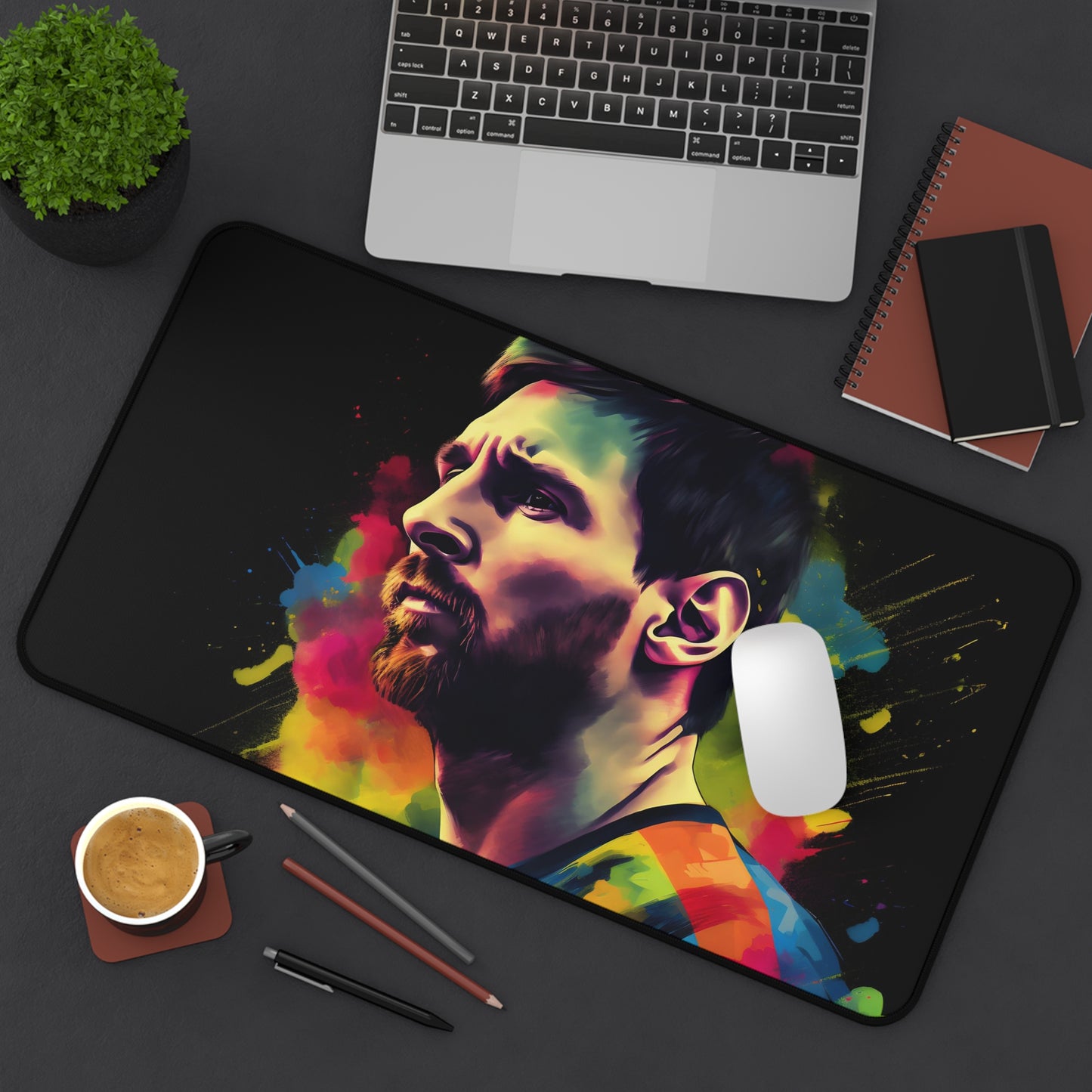 Messi Watercolor Neon Desk Mat - Add a pop of color to your workspace with this vibrant desk accessory featuring a watercolor neon design of Lionel Messi. Perfect for soccer fans and sports enthusiasts.