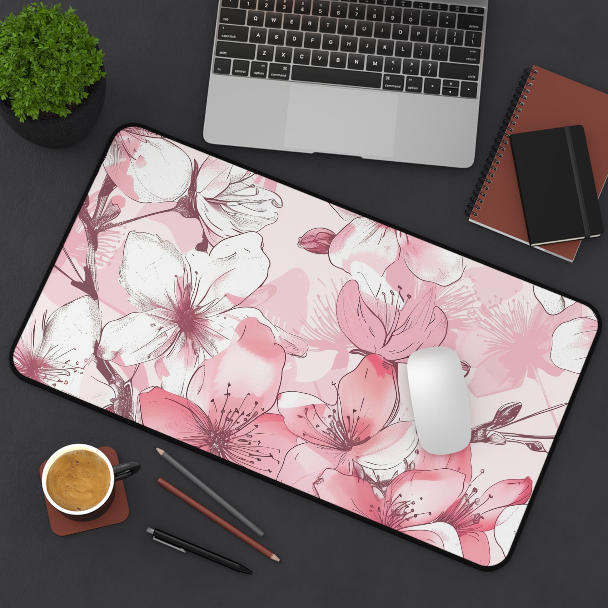 "Cherry Blossom desk mat with seamless pink and white pattern for elegant workspaces"