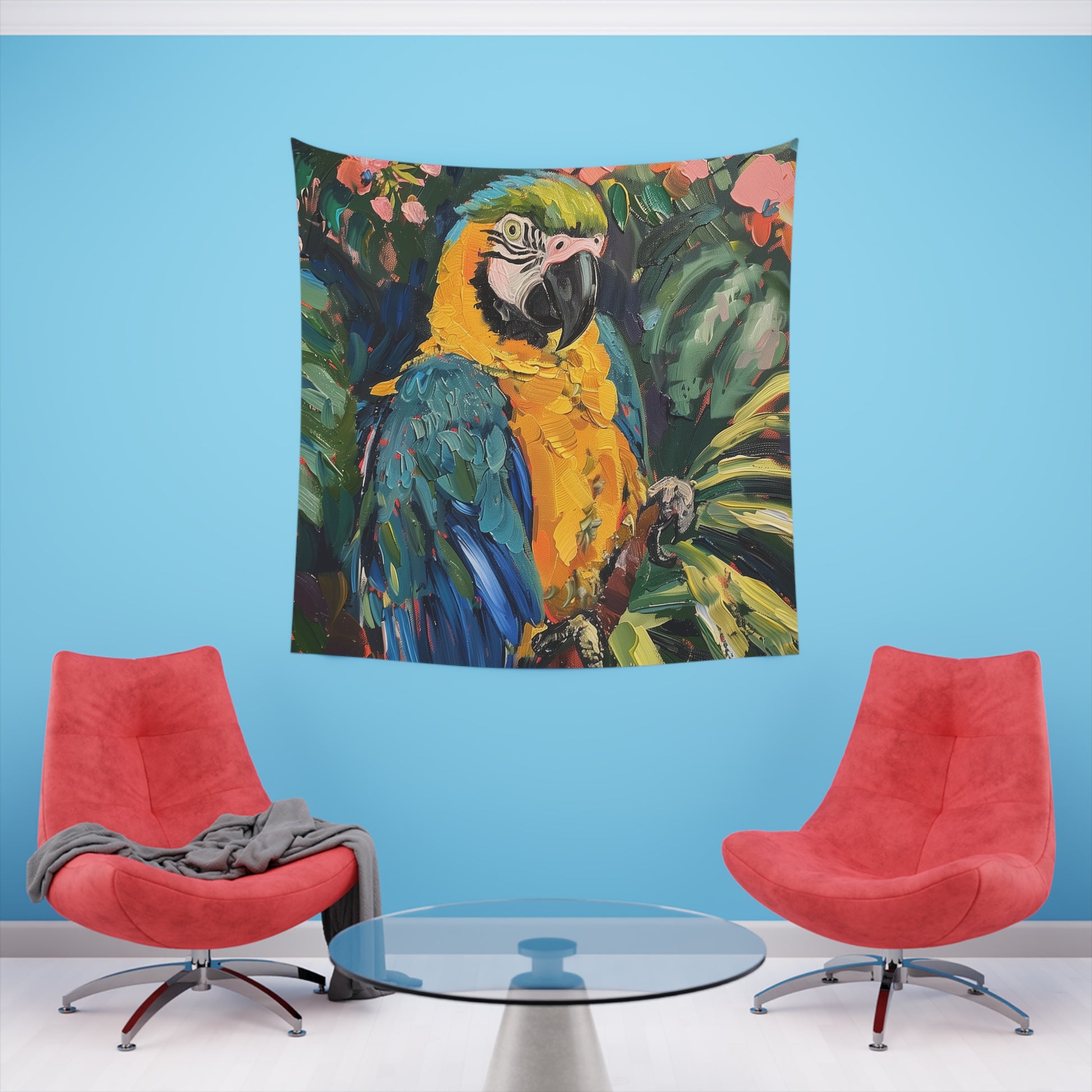 Parrot Paradise: A Tropical Tapestry | Wall Tapestry | All Over Print, AOP, Decor, Halloween, Home & Living, Home Decor, Indoor, Spring Essentials, Sublimation, Tapestry | Prints with Passion