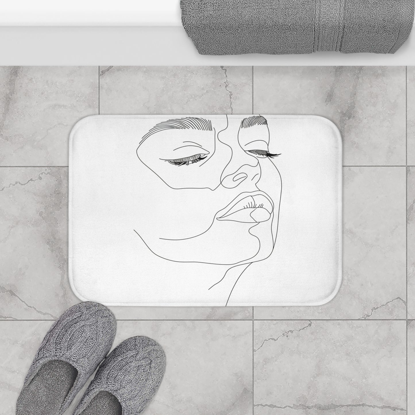 Alt text: Abstract Visage Bath Mat - Minimalist bath mat with line art representation of a human face, perfect for adding a touch of modern art to your bathroom. Made of high-quality material, comfortable, and stylish. Size: 24" x 17". Ideal for all seasons and makes a great gift. Visit our shop for more unique pieces. Thank you for visiting! © Copyright 2023 - BenCPrints.