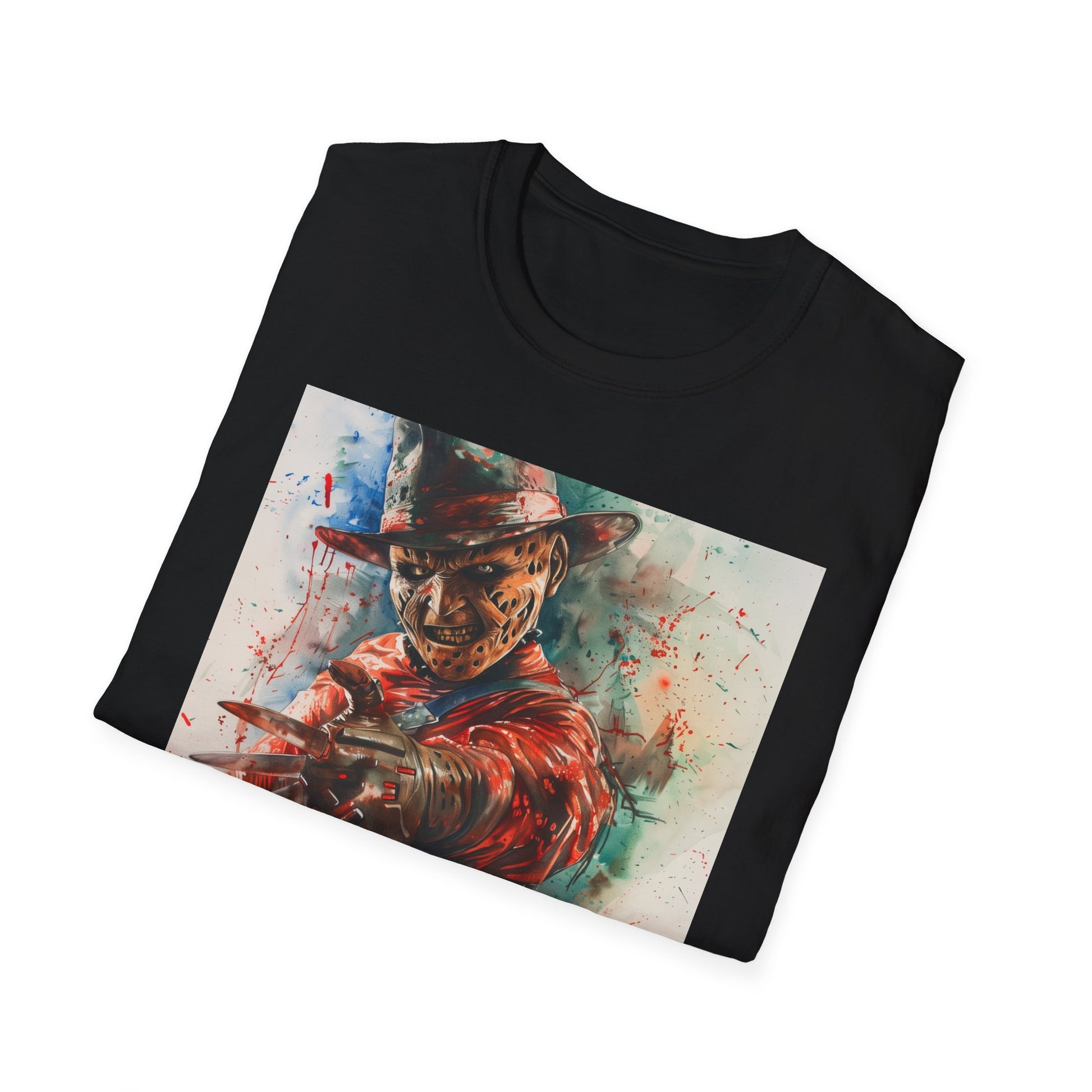 Alt text: "Freddy Krueger t-shirt with menacing visage, perfect for horror fans and Nightmare on Elm Street enthusiasts"