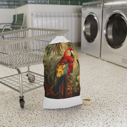 "Colorful parrot print laundry bag in vibrant tropical design for stylish laundry storage"