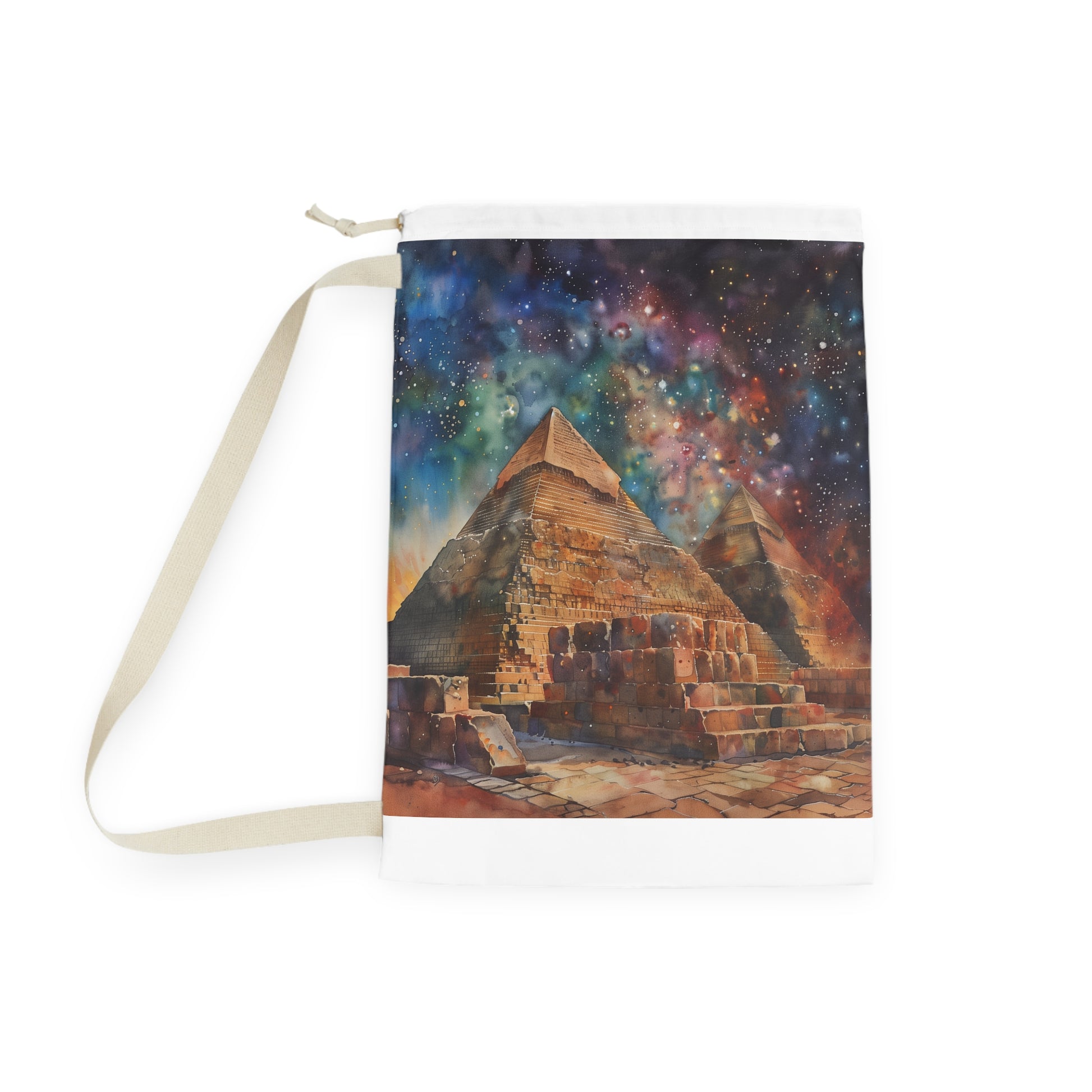 "Pyramid Watercolor Laundry Bag - Egyptian-inspired design for your home decor"