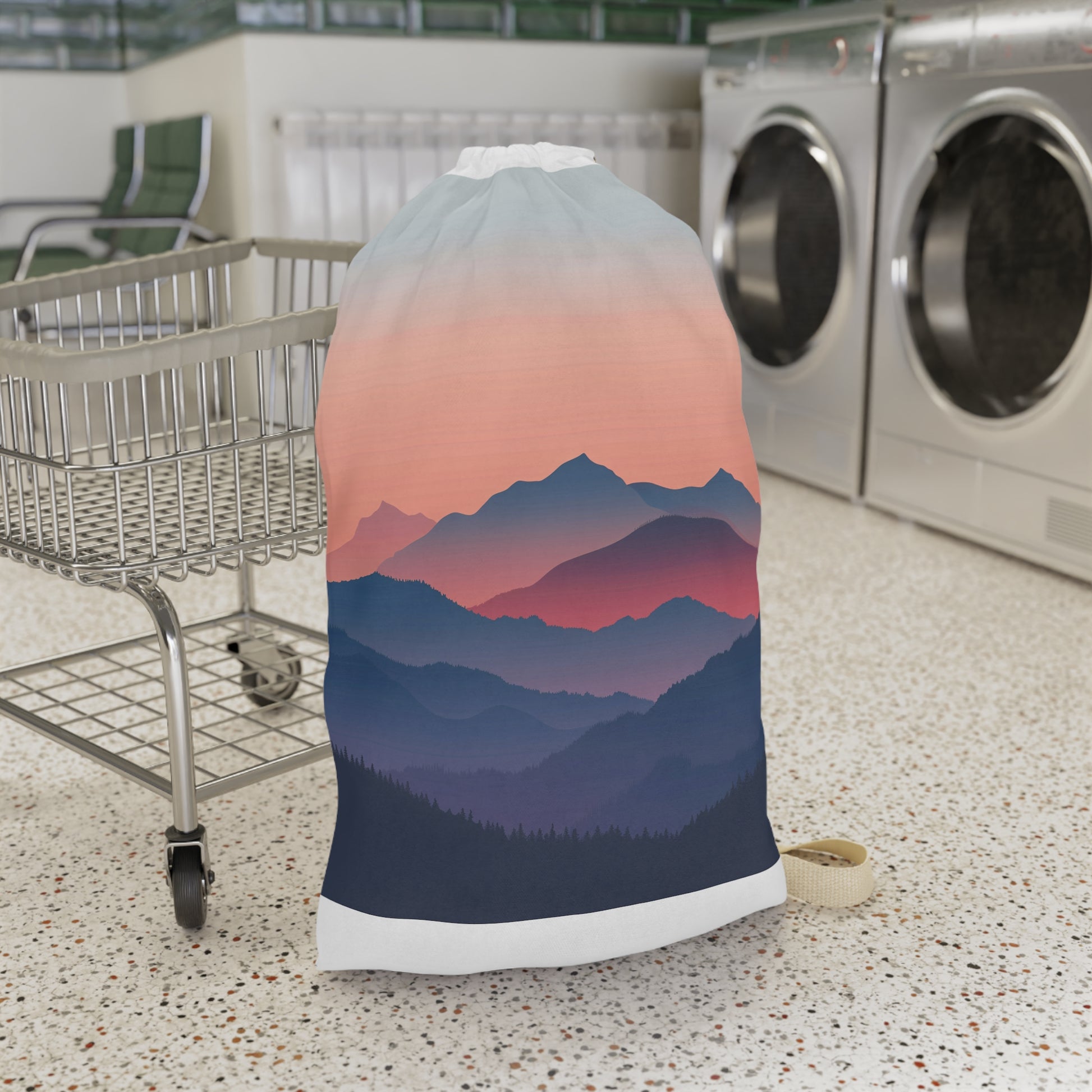 "Minimalist Mountainscape Laundry Bag - Keep clothes organized in style with mountain design"