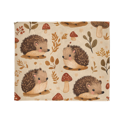 Woodland Hedgehogs & Toadstool Mushrooms Plush Fleece Throw Blanket - View 2 | Prints With Passion