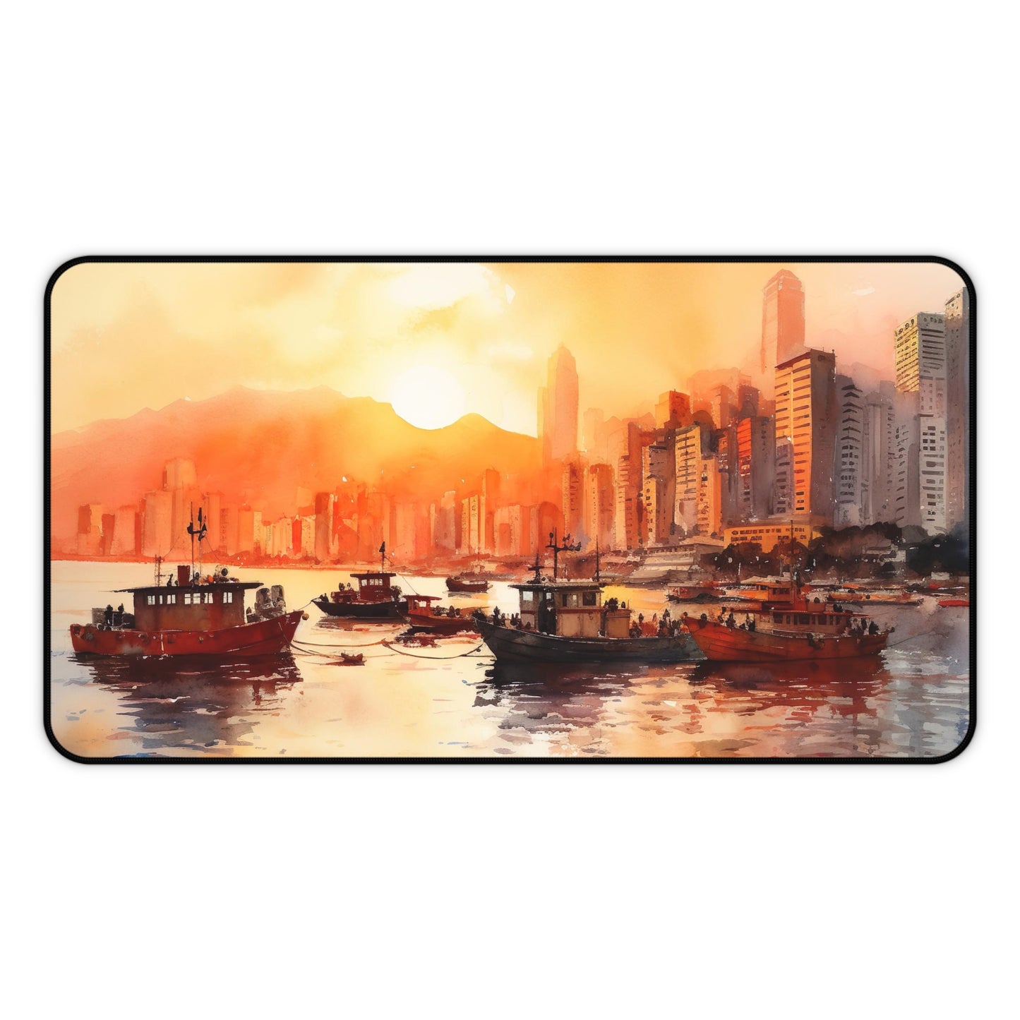 "Vibrant Hong Kong Skyline Desk Mat for Modern Workspace Inspiration"