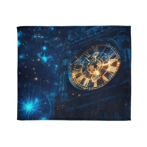 Clock Tower with Stars As Gears Plush Fleece Throw Blanket