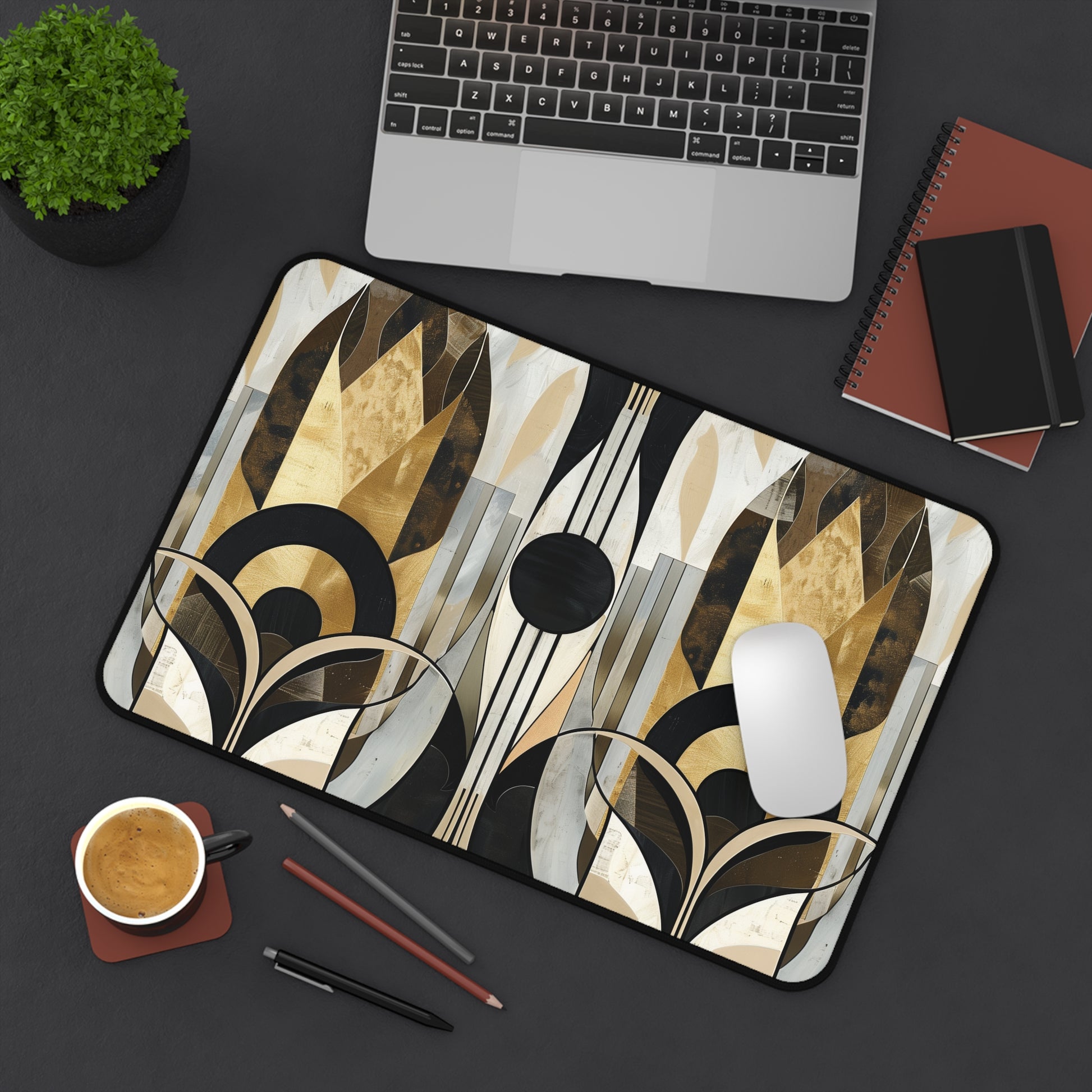 "Abstract art deco desk mat with stunning patterns and vibrant colors for creative workspace decor"