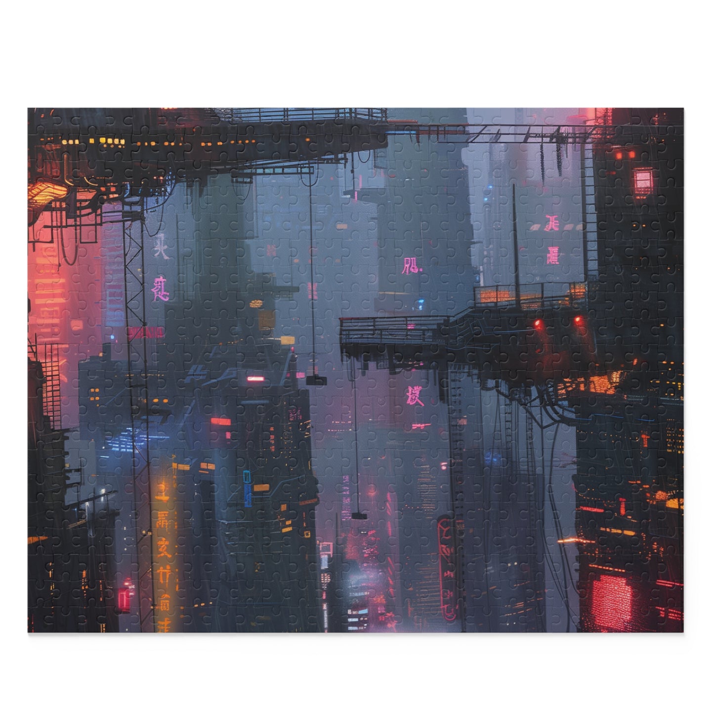 Challenging Cyberpunk City Jigsaw Puzzle - Neon-lit streets and towering skyscrapers create a stunning futuristic cityscape.