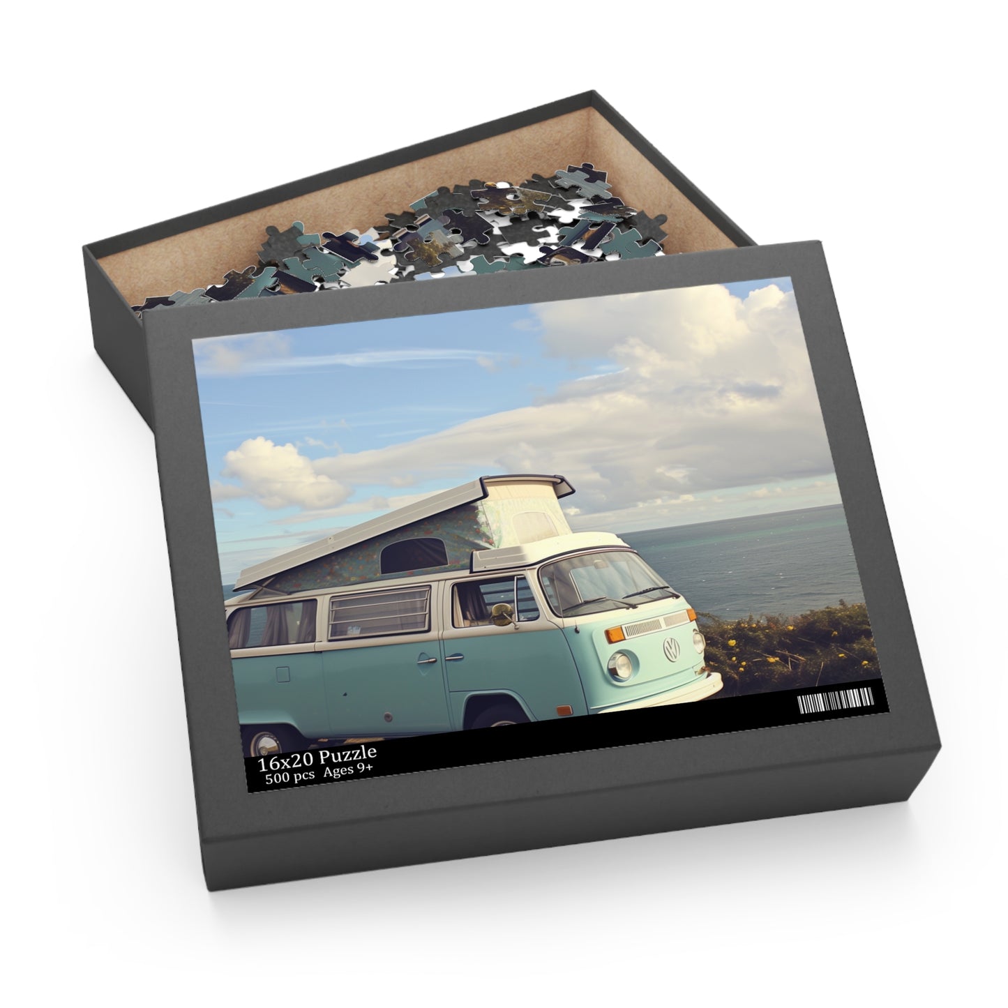 Blue Seaside Camper Van Puzzle - Retro van on the beach jigsaw - Perfect for vintage and beach lovers - Vibrant blue seaside scene.