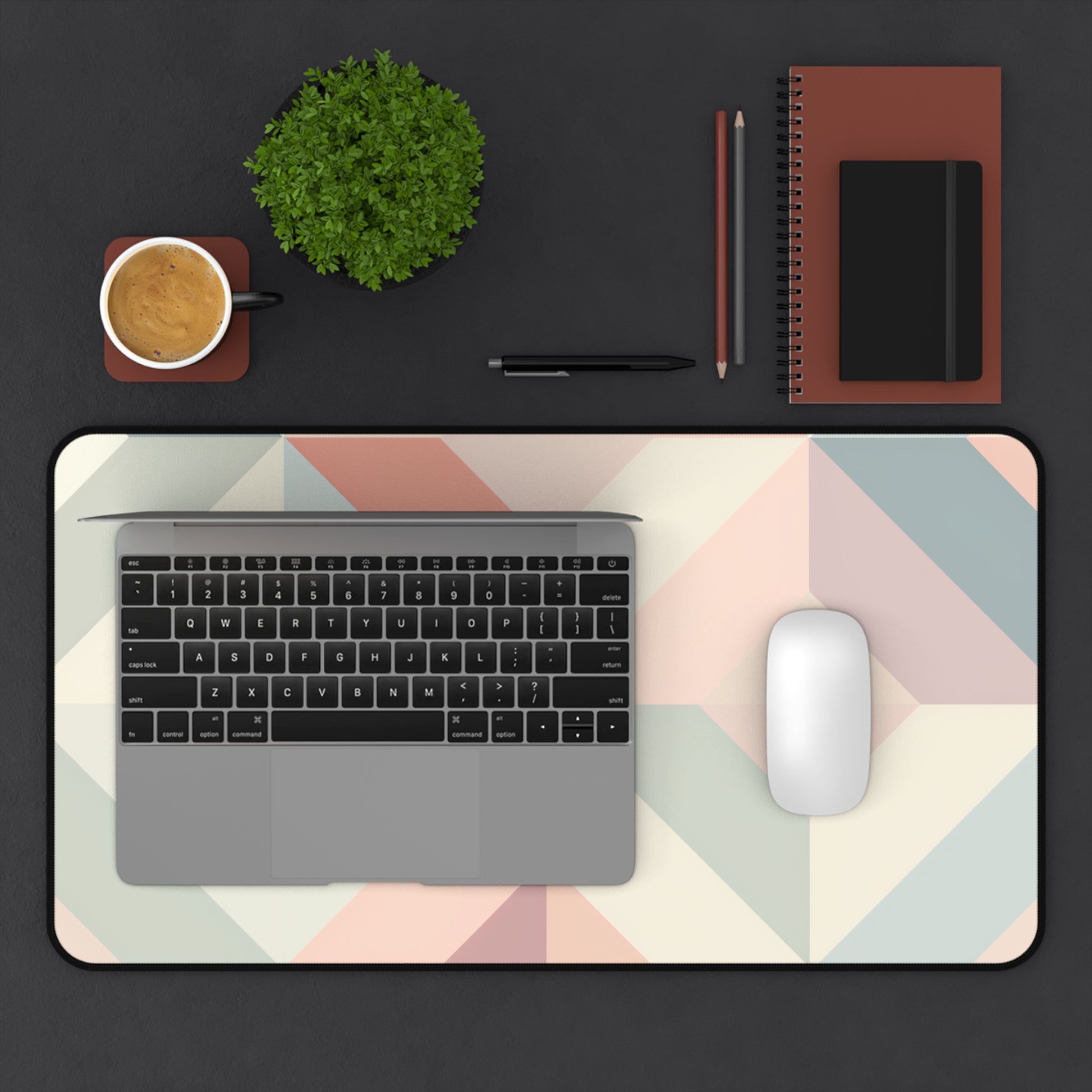 "Pastel Geometrics Desk Mat - Elevate workspace with seamless geometric pattern in soft colors for creativity and productivity"