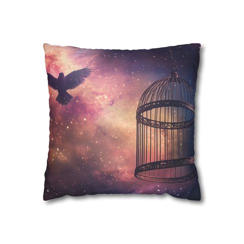 Bird Cage Floating Above Galaxy — 40×40 Cushion Cover — Front 40×40 cm Square Cushion View